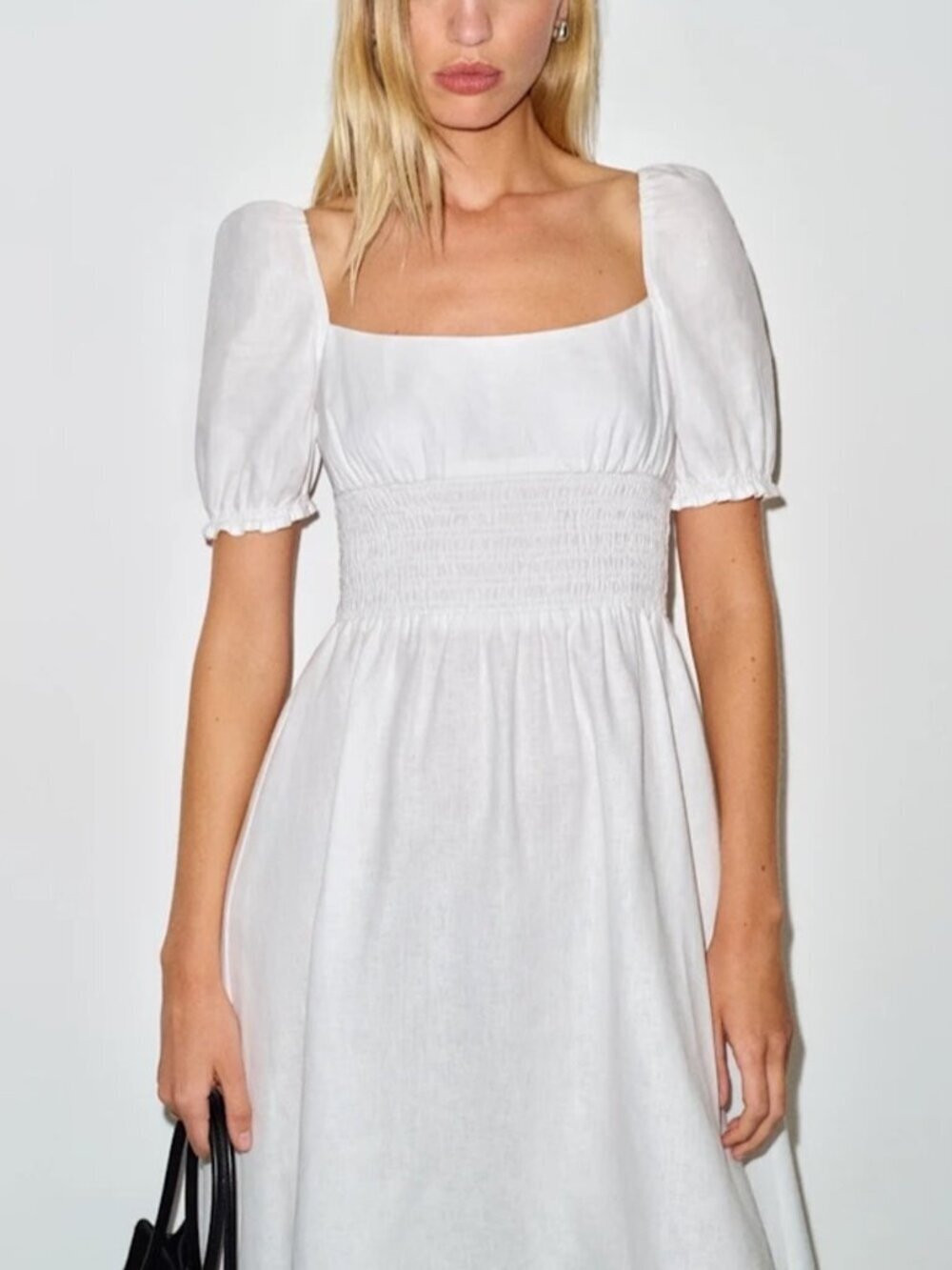 NEW Reformation Adler Linen Midi Smocked Puff Sleeve Dress White | US 6 UK 10